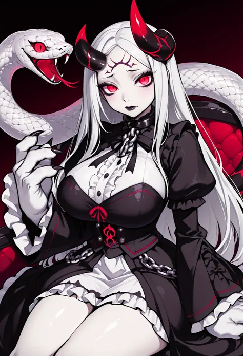 A girl in a gothic dress. White hair. Long hair. One-sided horn on forehead. Worried eyes. Glowing red eyes. Black lips. Black costume. White frills. Big hands. Sharp claws. Big breasts. Sitting. chain. Snake nearby. A big snake.