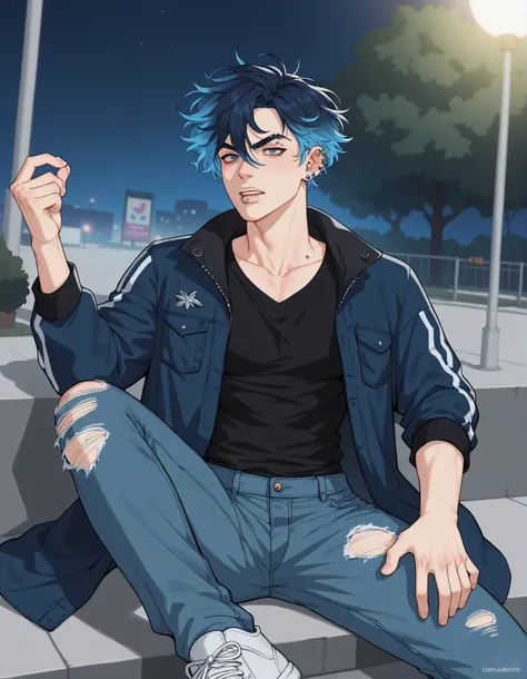 A young man . Messy and medium-sized hair, blacks with blue highlights, olhos cinza, pele clara. He has a long fringe of hair that covers part of his eyes, has several piercings on her ears, eyebrow piercings. He wears a long loose black shirt and simple, ...