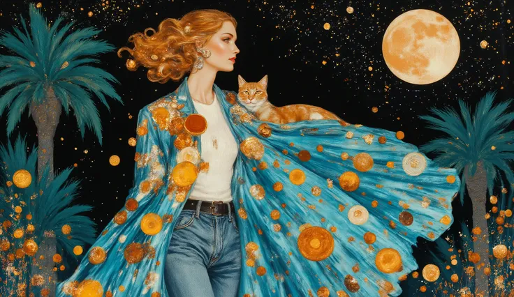 surreal fantasy, acrylic, Linda garota com cabelo longo e ondulado, jeans, t-shirt and a lightjacket, street wear cloths, walking in the park with a cat on lap, palette of color Lapis Lazuli, Oxford Blue, Turquoise, Raw Sienna, Brown (Crayola), ethereal...