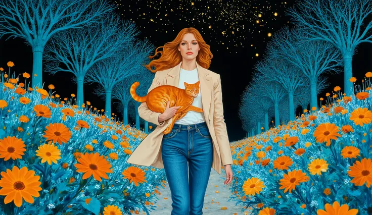   surreal fantasy, acrylic, Linda garota com cabelo longo e ondulado, jeans, t-shirt and a lightjacket, street wear cloths,  walking in the park with a cat on lap, palette of color Lapis Lazuli, Oxford Blue, Turquoise, Raw Sienna, Brown (Crayola), ethereal...