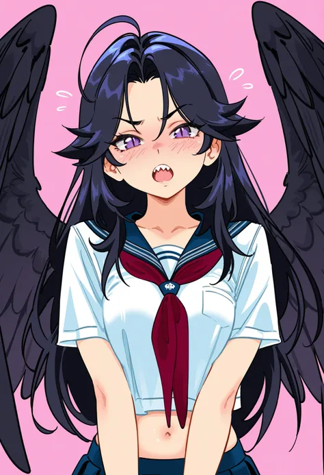 by snegovski, 1girl, solo, black hair, long hair, feather hair, unkempt, parted bangs, hair over eyes, hair flaps, purple eyes, tsurime, eyelashes, slit pupils, ahoge, feathered wings, black wings, folded wings, large wings, serafuku, school uniform, midri...