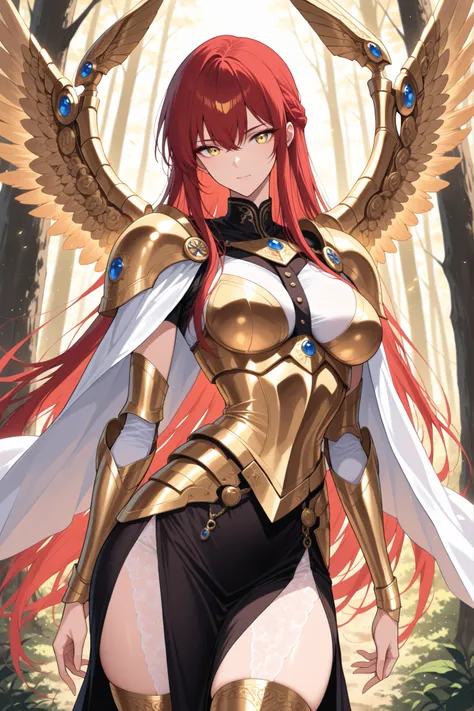 (masterpiece:1.2), (best quality:1.2), (very aesthetic:1.2), (absurdres:1.2), (detailed background),newest, perfect anatomy, intricate details, 1 girl , golden eyes , very long hair , long sidelocks, red hair ,half updo, petite , very cute , beautiful ,Str...