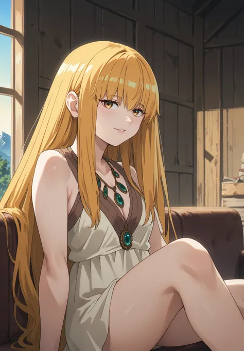 1girl, solo, Serie, Beyond Journey's End, sitting on a couch, golden hair, golden eyes, sexy pose, alluring atmosphere, mountain cabin, night time, beautiful lighting and shadows, masterpiece, top quality, warm color, high fashion, absurdres extremely, viv...