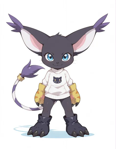 safe, gatomon black, wild, (digimon), solo, alone, looking at viewer, blue eyes, black fur, striped tail, gloves, paw shaped gloves, paw pads,, digital_media_(artwork) hi_res, beautiful, anthropomorphic, furry, female, slim, slender, cute, big sweater, be...