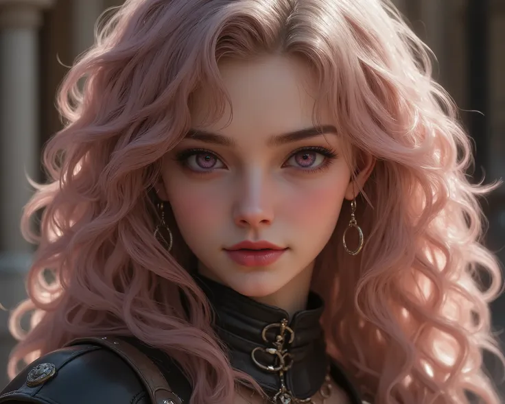 Elf girl with curly rose gold hair、violet-colored eyes、dark fantasy、Divine、pointed ears、biologically correct、smile、medieval leather armor、fine skin texture、long hair、Light、reflection、beautiful legs ,  great detail of body and face in a sensual and erotic p...