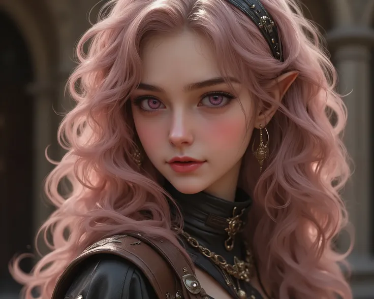 Elf girl with curly rose gold hair、violet-colored eyes、dark fantasy、Divine、pointed ears、biologically correct、smile、medieval leather armor、fine skin texture、long hair、Light、reflection、beautiful legs ,  great detail of body and face in a sensual and erotic p...