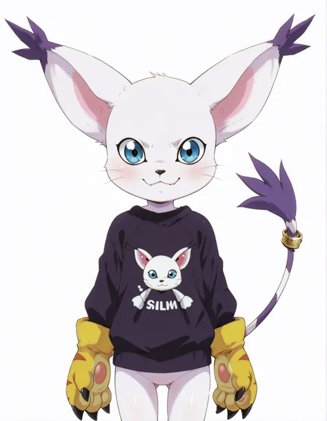 safe, gatomon black, wild, (digimon), solo, alone, looking at viewer, blue eyes, black fur, striped tail, gloves, paw shaped gloves, paw pads,, digital_media_(artwork) hi_res, beautiful, anthropomorphic, furry, female, slim, slender, cute, big sweater,  be...