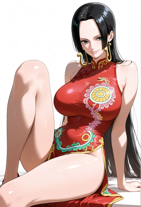 masterpiece, best quality, amazing quality, 1girl, (Boa Hancock, One Piece, Chainsaw man, blue eyes, black hair) , wearing red Chinese cheongsam, beautiful legs, raising one leg, smile, medium shot, simple background, medium size , golden ratio face, Sleev...