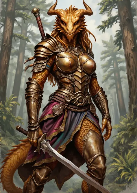 An extremely detailed comic book illustration of an extremely curvaceous Metallic Gold Dragonborn from Dungeons and Dragons which look like wingless bipedal dragons scaly bright-eyed and thick-boned with horns on their heads with gold coloration trained as...