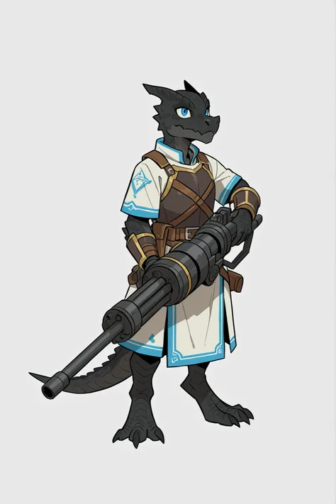 charater sheet, kobold, male, reptilian blue eyes, black scales, holding a minigun with both hands, artificer, 
full armor,