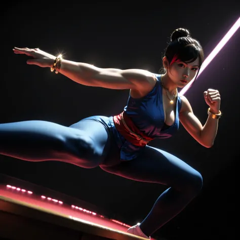 score_9, asian martial artist, beautiful asian woman, tan skin, black eyes, black hair in a high bun, left and right side highlights, dark blue sleeveless croptop, cleavage on the breasts, underboob showing, dark blue leggings, red sash with gold details t...