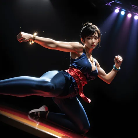 score_9, asian martial artist, beautiful asian woman, tan skin, black eyes, black hair in a high bun, left and right side highlights, dark blue sleeveless croptop, cleavage on the breasts, underboob showing, dark blue leggings, red sash with gold details t...