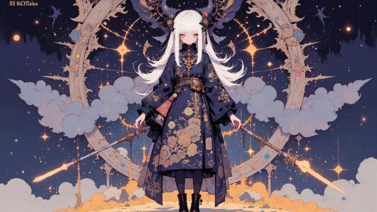 Appearance of a Witch Floating in the Air、Giving off shining magic,Magic Circle and Sparkling Sparks in the Background,Long walking stick,神聖幾何学模様のdetailsなローブが風になびく,an expression of unwavering concentration and determination,Dramatic Lighting Effects ,Vivid...