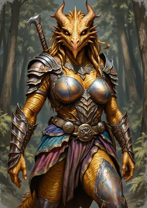 An extremely detailed comic book illustration of an extremely curvaceous Metallic Gold Dragonborn from Dungeons and Dragons which look like wingless bipedal dragons scaly bright-eyed and thick-boned with horns on their heads with gold coloration trained as...