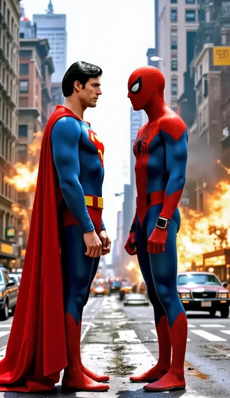 Superman, played by Christopher Reeves, meets Spider-Man for the first time. Scene takes place on a street in the city of Metroplolis, buildings and cars on fire, civilians running away.