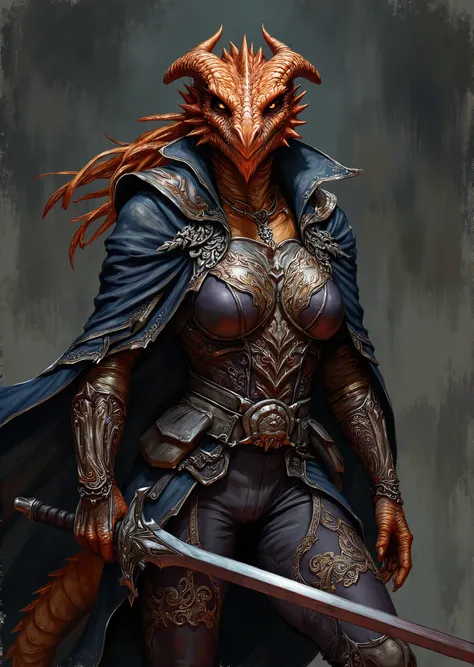 An extremely detailed comic book illustration of an extremely curvaceous Metallic Copper Dragonborn from Dungeons and Dragons which look like wingless bipedal dragons scaly bright-eyed and thick-boned with horns on their heads with copper coloration traine...