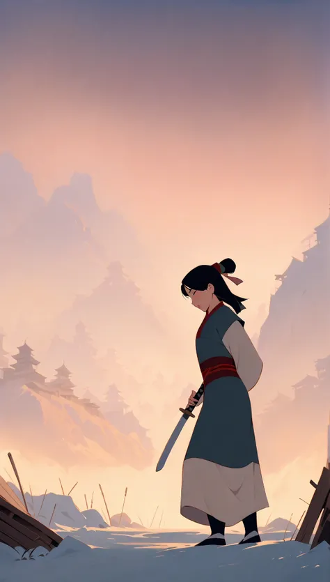 Hua Mulan,holding a katana, in a empty land , one wooden settlement; the landscape is white with snow, it is a border between two nations that is being watched by ninjas, bottom perspective, panoramic view, fantastic lighting, detailed,, blossom, ((looking...