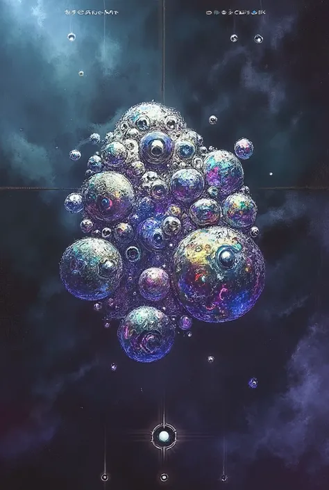 It creates an image of a cosmic being that emerges from a rupture of space that looks like a crack with a portal, , the being would be composed of iridescent spheres of very variable sizes, apparently endless, that are constantly creating and disappearing ...