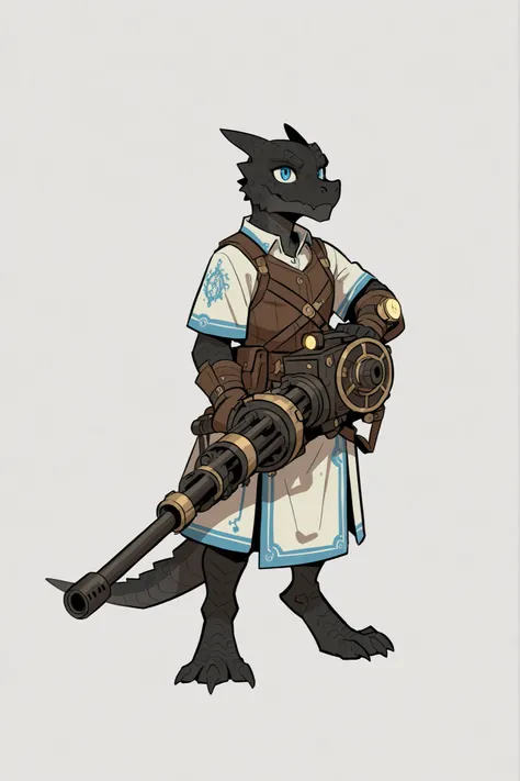 charater sheet, kobold, male, reptilian blue eyes, black scales, holding a minigun with both hands,
full armor, artificer, steampunk, brown clothes