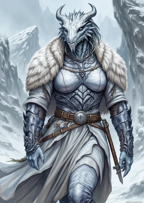An extremely detailed comic book illustration of an extremely curvaceous Chromatic White Dragonborn from Dungeons and Dragons which look like wingless bipedal dragons scaly bright-eyed and thick-boned with horns on their heads with a white coloration train...