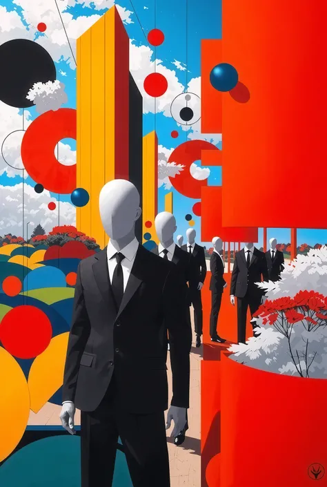 Bauhaus Style, General art architecture, mass production of functional aesthetics, absurd innovation, paintings of modernist paintings integrating photographs, shocking vivid colors, vivid images questioning the true value of Bauhaus,
