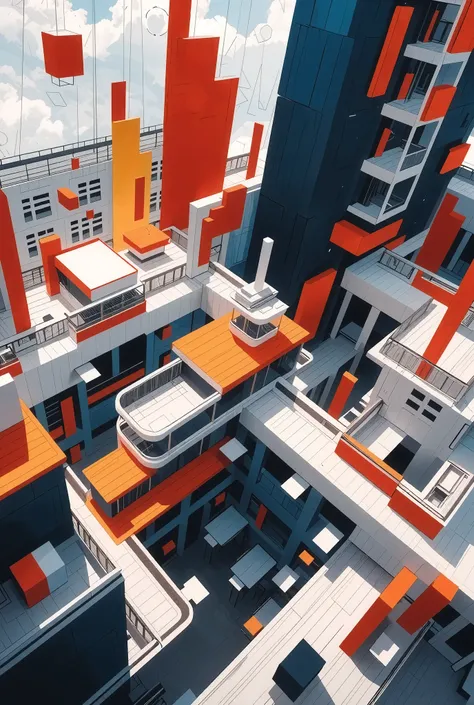 Bauhaus Style, General art architecture, from above, mass production of functional aesthetics, absurd innovation, paintings of modernist paintings integrating photographs, dynamic range, shocking vivid colors, vivid images questioning the true value of Bau...