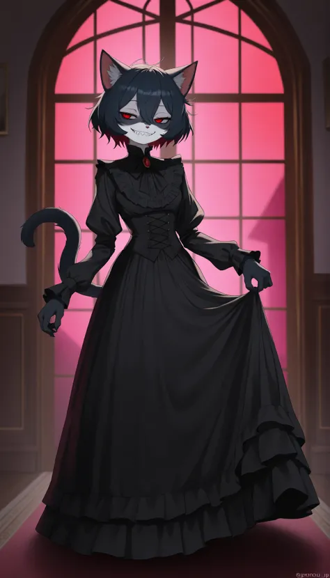 Best quality, super detailed illustration , самодовольная smile, half-closed eyes , in a Victorian house ,(Anthropomorphic furry cat boy :1,7),black fur on the body ,playful look, slim, ideal body, shining eyes, проверять_9, проверять_8_up, проверять_7_u...