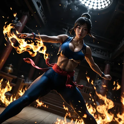 score_9, asian martial artist, beautiful asian woman, tan skin, black eyes, black hair in a high bun, left and right side highlights, dark blue sleeveless croptop, cleavage on the breasts, underboob showing, dark blue leggings, red sash with gold details t...
