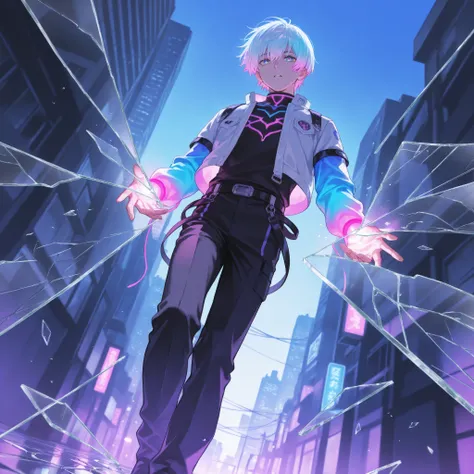 White gradient colored short hair，1boy，Restraint，Palm-facing perspective，glow的眼睛，glow，Destroyed Future City，Shattered glass