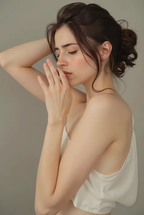 ((top quality)), (Details:1.2), 3d, An absurd resolution, high definition, (Masterpiece:1.2), ultra detail, a beautiful girl is worried about the smell of her armpits, lifts her arm and smells her armpit tail, (sniffing with her nose in her armpit:1.6), hy...