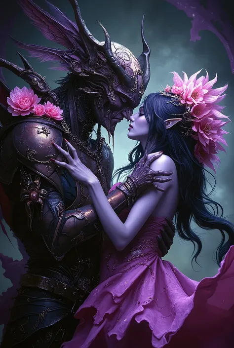 (Best Quality, 4K, high definition, masterpiece:1.2), (super detailed, photorealistic looking happy:1.37), photo taken by professional photographer, a beautiful, 1 extremely sensual prince of bugs, with 1 beautiful female flower spirit, kissing each other,...