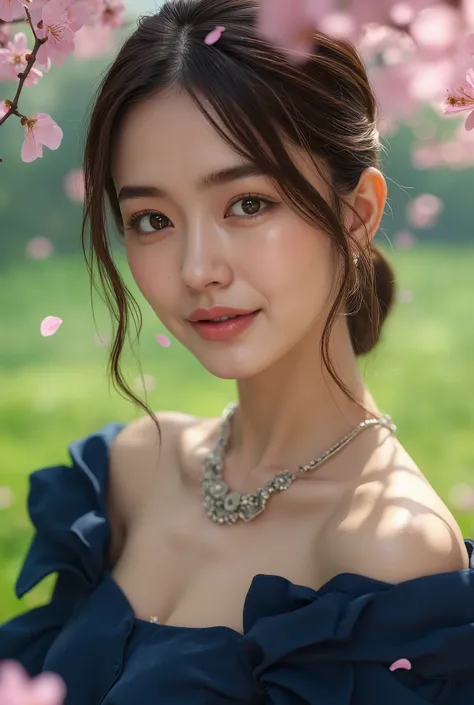 high res images, full body image of a woman in a navy blue dress and necklace, random sexy pose, photo Realistic 3d style, beautiful portrait, realism style, A wonderful image of a beautiful woman and falling cherry blossoms, beautiful, realistic style, be...
