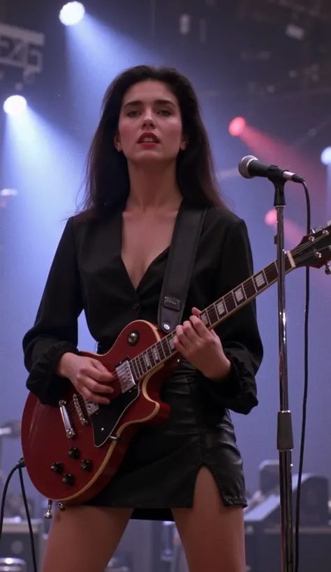 A stunning woman inspired by Jennifer Connelly, performing on a grand concert stage under dramatic lighting. She wears a sophisticated yet sexy outfit: a deep V-neck black satin blouse with sheer sleeves tucked into a high-slit leather skirt, paired with a...