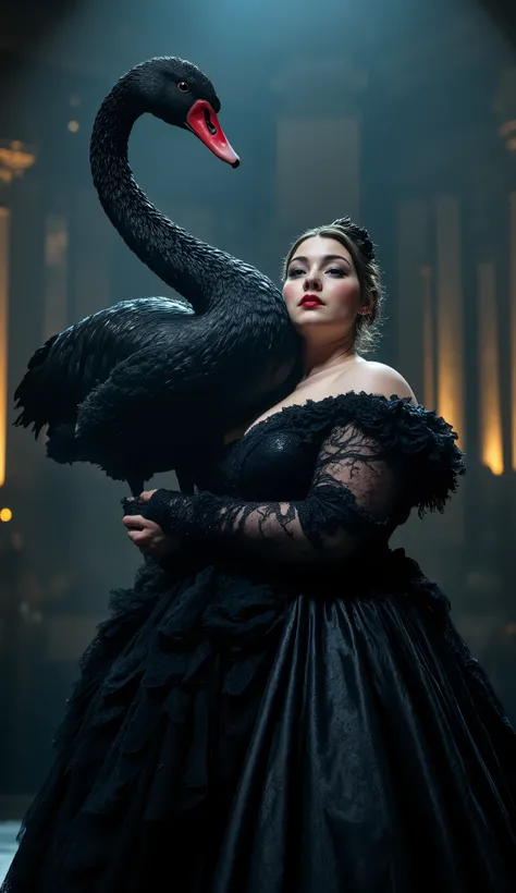 A 1500 kg British young woman As dramatic music echoes, she stands tall under a single spotlight in a black lace gown with velvet ruffles. A giant black swan perches silently on her arm. The AGT audience sits in eerie silence, hypnotized by this gothic fai...