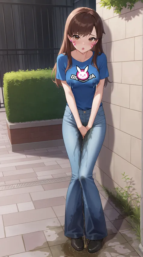 masterpiece, best quality, amazing quality, 1girl, d.va from overwatch, brown eyes, brown hair, no headwear, (lactation), medium breast, skinny body, (wetting herself), (desperation), large wet pee stain, pee stain visible on her pants, (blue pants, denim ...