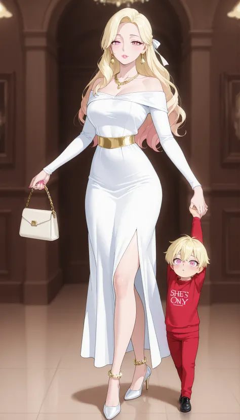 A mature, beautiful woman with blond hair, extremely fair white natural skin, big pink eyes, red plump glossy lips, pink nails, a small waist, and a perfect slim yet curvy body. She's only wearing an ankle-length glittering black off-shoulder dress, neckla...