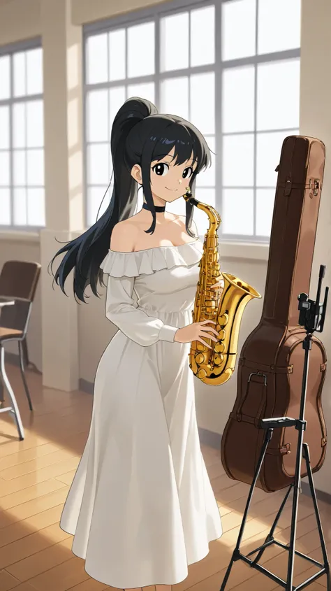 A beautiful anime-style girl with a curvy, glamorous (transistor glamorous) figure, featuring large, round eyes and a warm, charming smile. She has long black hair tied in a high ponytail, with soft waves. She’s wearing a light cream, off-shoulder, flowy d...