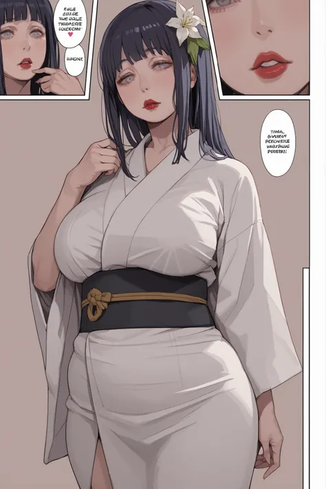 1 plump girl, Hyuuga Hinata, long black hair, bangs, white eyes, half closed eyes, blush lines, hair flower lily, pale skin, voluptuous, big breasts, white kimono, red lipstick, simple background, hentai comic, frames, multiple views, multiple frames