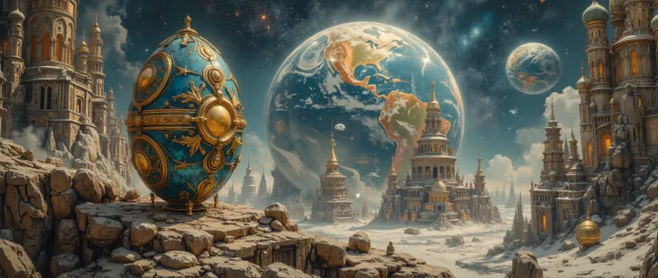 studio mega epic oil painting , 16 thousand., artistic masterpiece , correct gravity , The fantasy zone , 3000 years old , very futuristic landscape Easter gold silver Faberge egg from the Hermitage treasures in blue glaze