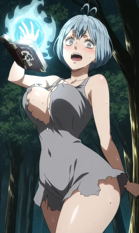 masterpiece, best quality, amazing quality, anime screenshot, anime coloring, masterpiece, best quality, high resolution, absurd resolution, art book, perfect, amazing, 1 girl, alone, grey_bc, grey (Black Clover), blue hair, silver eyes, gray eyes, antenna...