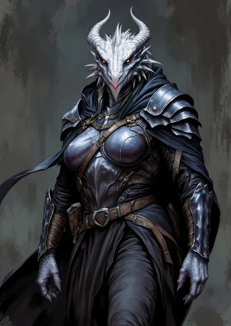 An extremely detailed comic book illustration of an extremely curvaceous Chromatic White Dragonborn from Dungeons and Dragons which look like wingless bipedal dragons scaly bright-eyed and thick-boned with horns on their heads with a white coloration train...