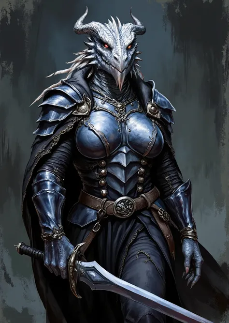 An extremely detailed comic book illustration of an extremely curvaceous Metallic Silver Dragonborn from Dungeons and Dragons which look like wingless bipedal dragons scaly bright-eyed and thick-boned with horns on their heads with silver coloration traine...