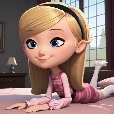 score_9, score_8_up, score_7_up, 1girl, masterpiece, best quality, lying_down, prone_bone, on_bed, on_stomach, from_behind, solo, leg_straight,

penny peterson, long hair, blue eyes, 3d, blonde hair, skirt, hairband, black hairband, white knee high socks, ...
