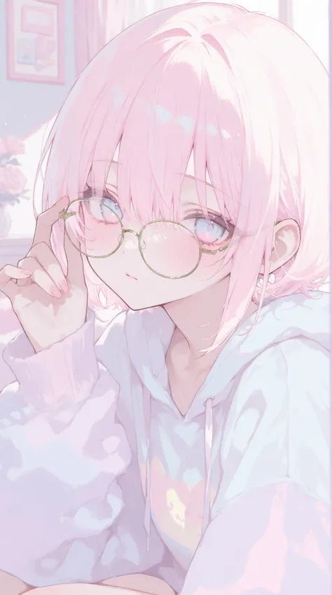 masterpiece, best quality, newest, absurdres, pastel color, 1 girl, short hair, eyeglass, cute