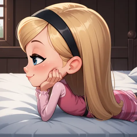 score_9, score_8_up, score_7_up, 1girl, masterpiece, best quality, lying_down, prone_bone, on_bed, on_stomach, from_behind, solo, leg_straight,

penny peterson, long hair, blue eyes, 2d, blonde hair, skirt, hairband, black hairband, white knee high socks, ...