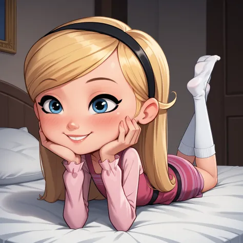 score_9, score_8_up, score_7_up, 1girl, masterpiece, best quality, lying_down, prone_bone, on_bed, on_stomach, from_behind, solo, leg_straight,

penny peterson, long hair, blue eyes, 2d, blonde hair, skirt, hairband, black hairband, white knee high socks, ...