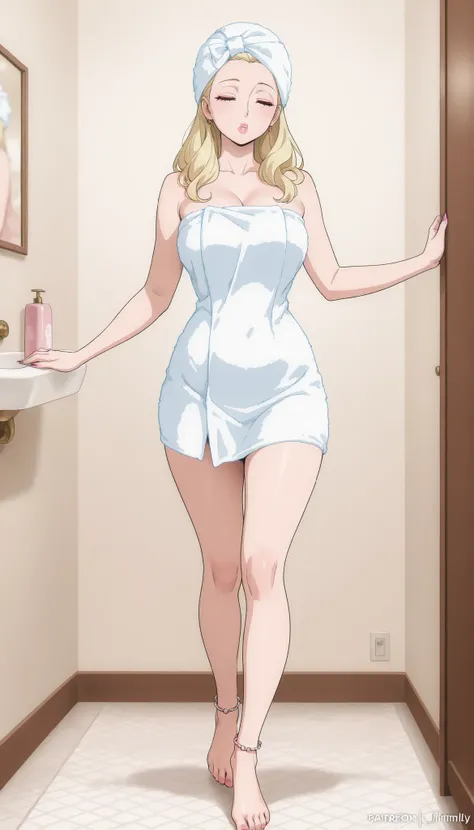 A mature, beautiful woman with blond hair, extremely fair white natural skin, red plump, glossy lips, pink nails, a small waist, and a perfect slim yet curvy body. She's only wearing a revealing pink bath towel around her body, a bath towel around her head...