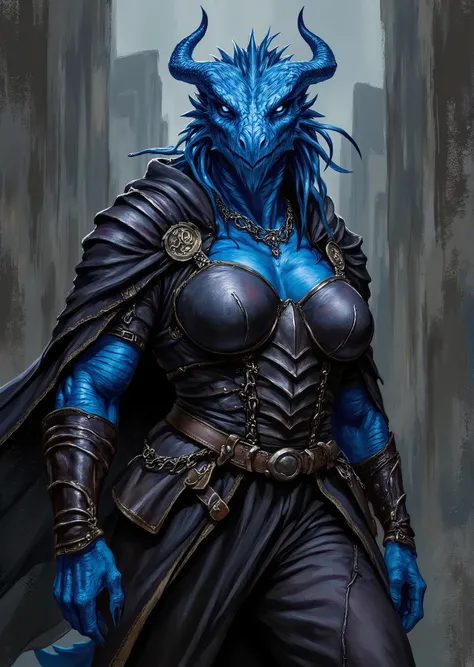 An extremely detailed comic book illustration of an extremely curvaceous Chromatic Blue Dragonborn from Dungeons and Dragons which look like wingless bipedal dragons scaly bright-eyed and thick-boned with horns on their heads with a blue coloration trained...