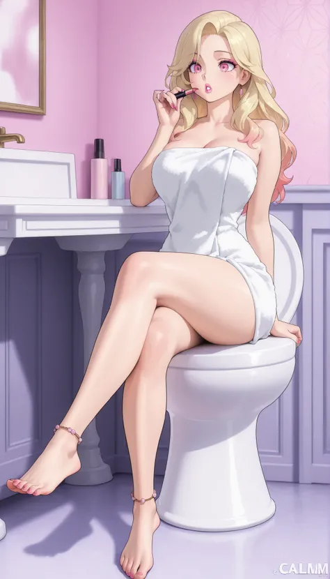 A mature, beautiful woman with blond hair, extremely fair white natural skin, big pink eyes, red plump glossy lips, pink nails, a small waist, and a perfect slim yet curvy body. She's only wearing a revealing pink bath towel around her body, feet anklets, ...
