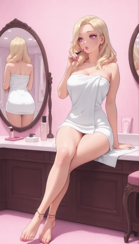 A mature, beautiful woman with blond hair, extremely fair white natural skin, big pink eyes, red plump glossy lips, pink nails, a small waist, and a perfect slim yet curvy body. She's only wearing a revealing pink bath towel around her body, feet anklets, ...